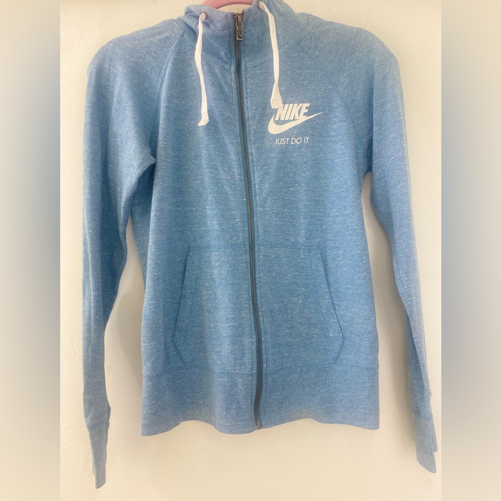 ❤️❤️Nike Just Do It Tee Shirt Blue & White Hooded Zipper Organic Cotton Jacket